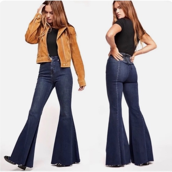 Free People Crvy Ma Cherie High Rise Flare Lace Up Jeans 28 6 dark stretchy - Picture 1 of 13